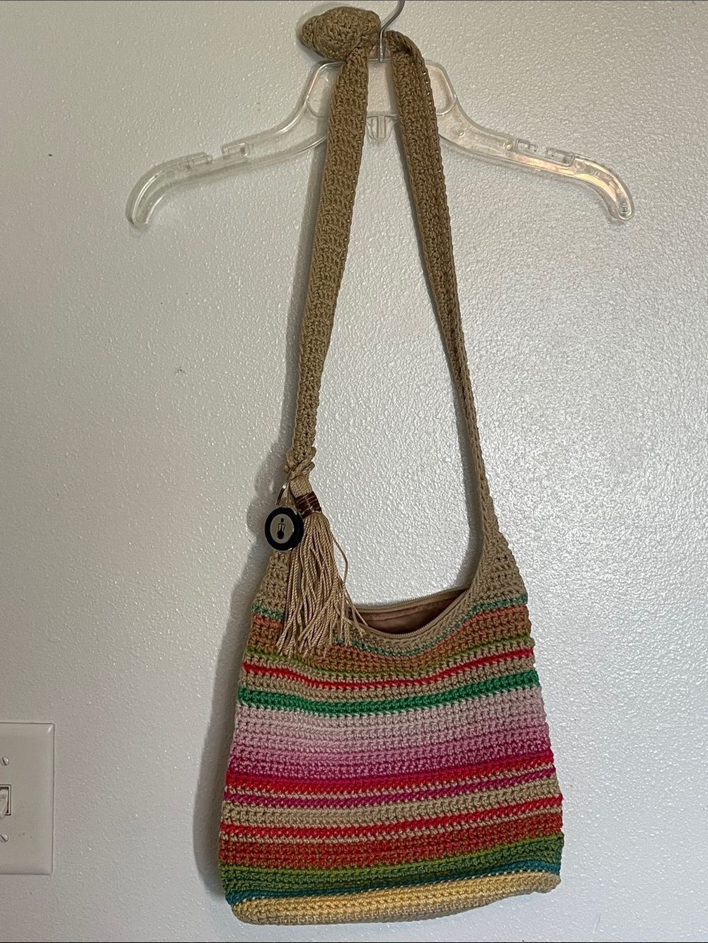 The Sak Striped Crochet Shoulder Bag in Tan, Pink, Green, Red